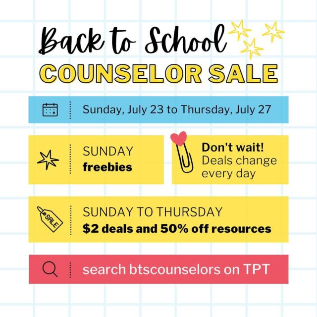 📣 Get ready for our annual Back to School Counselor Sale! We have amazing deals coming your way with freebies, $2 deals, and up to 50% off on counseling resources! 🎉

Simply search for “btscounselors” on TeachersPayTeachers starting on Sunday to grab these deals. Tag a counselor friend so they don’t miss the sale! 

☑️ Click the link in my profile or head to bit.ly/btscounselors

#schoolcounselor #schoolsocialworker #schoolpsychologist #childtherapy #socialemotionallearning